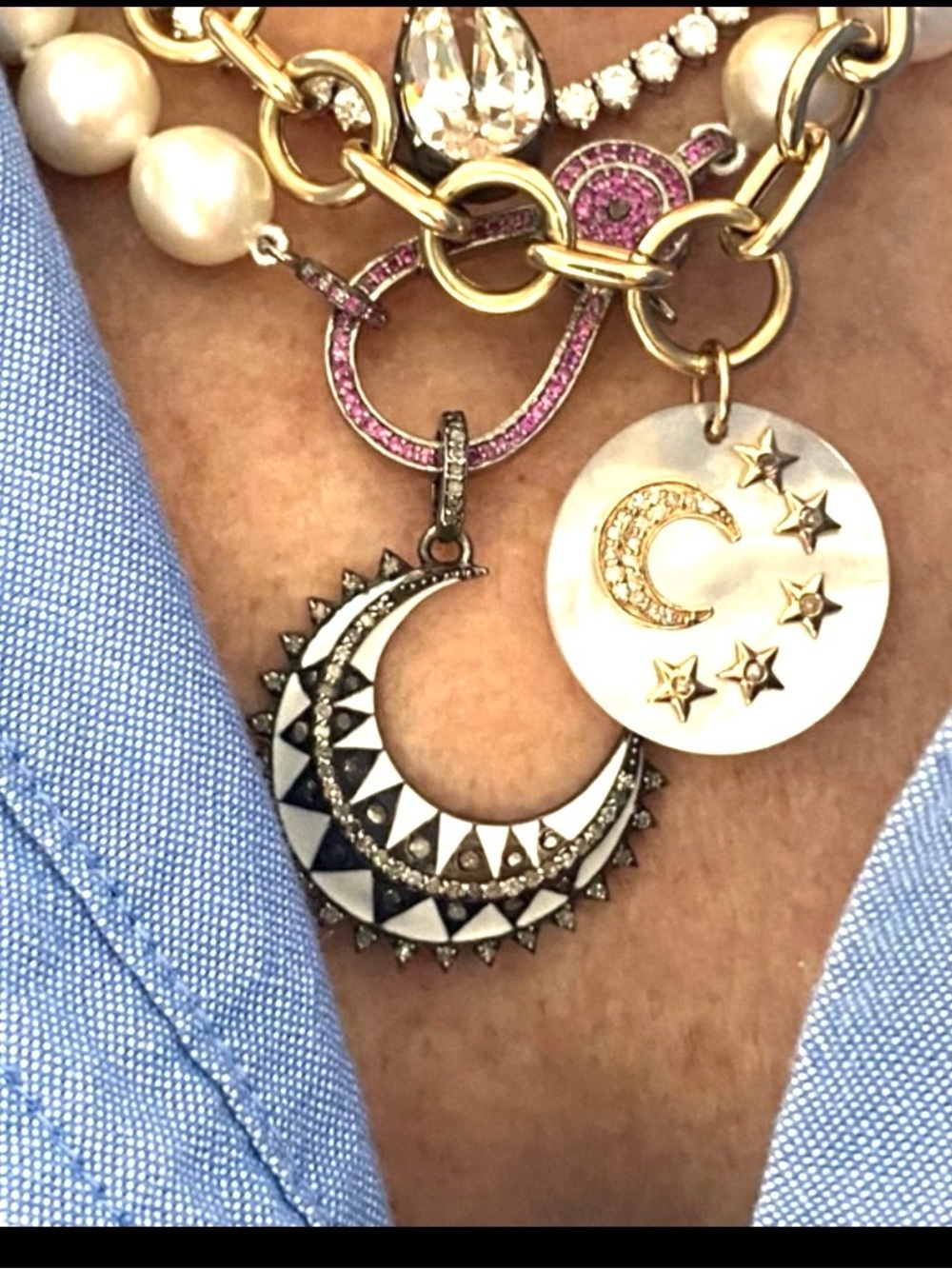 Diamond Sterling Large Enamel Crescent Moon Pendant